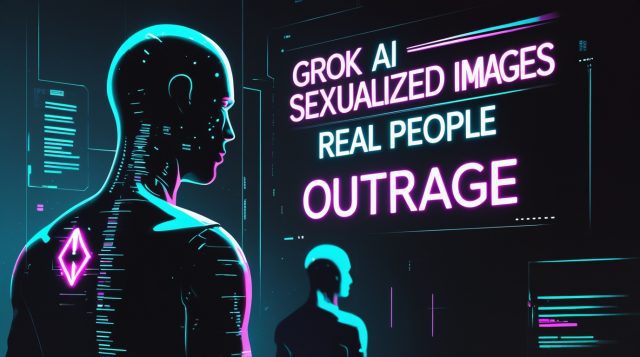 “Dark cyberpunk illustration showing public outrage over Grok AI sexualized images of real people, with a glowing neon headline reading ‘Grok AI Sexualized Images Real People Outrage’, abstract human silhouettes, glitch effects, and warning symbols representing AI ethics and misuse.”