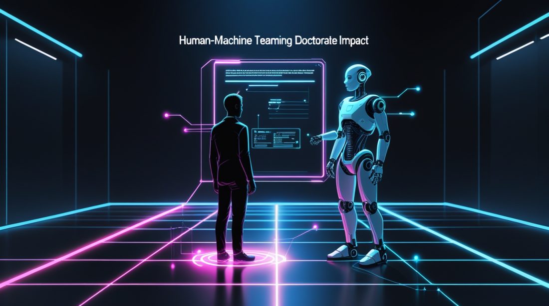 “Human-Machine Teaming Doctorate Impact illustrated as a futuristic collaboration between a human and an AI robot, symbolizing advanced research, academic impact, and human-AI partnership in a cyberpunk digital environment.”