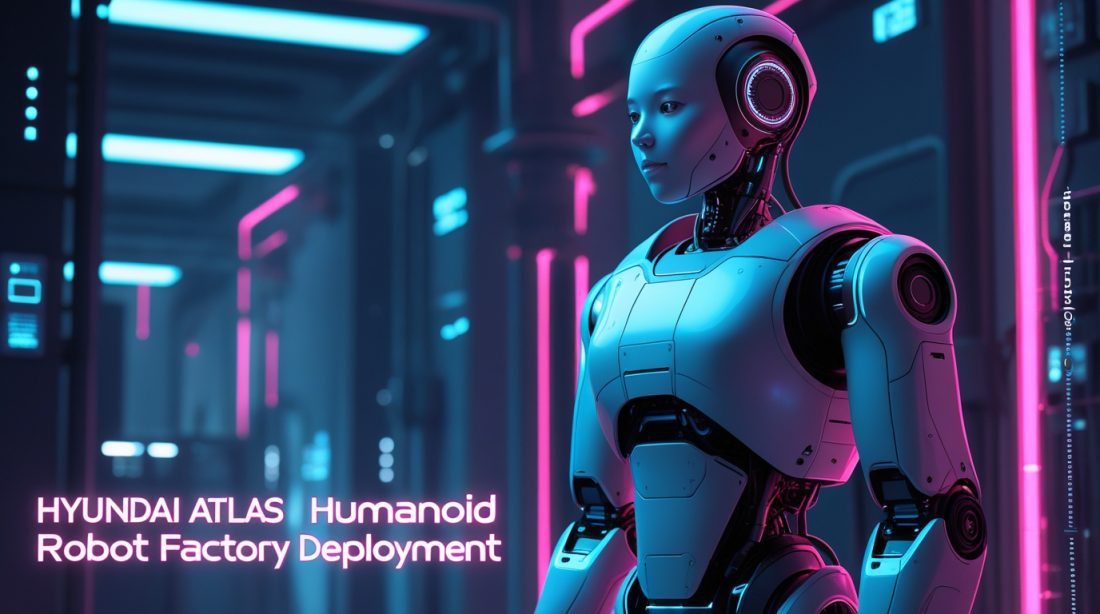 “Hyundai Atlas humanoid robot factory deployment illustrated in a dark futuristic cyberpunk style, showing a humanoid robot operating inside an advanced industrial factory with neon lighting and modern AI robotics systems.”