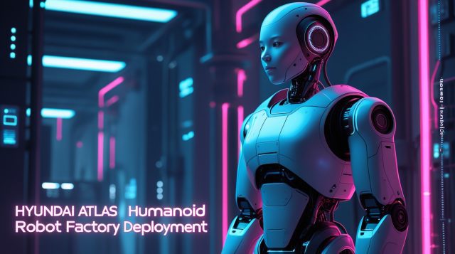 “Hyundai Atlas humanoid robot factory deployment illustrated in a dark futuristic cyberpunk style, showing a humanoid robot operating inside an advanced industrial factory with neon lighting and modern AI robotics systems.”