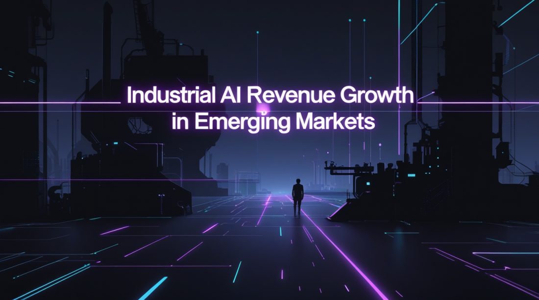 Industrial AI revenue growth in emerging markets shown through a dark futuristic illustration with neon highlights, abstract industrial structures, and digital growth signals representing AI-driven economic expansion.