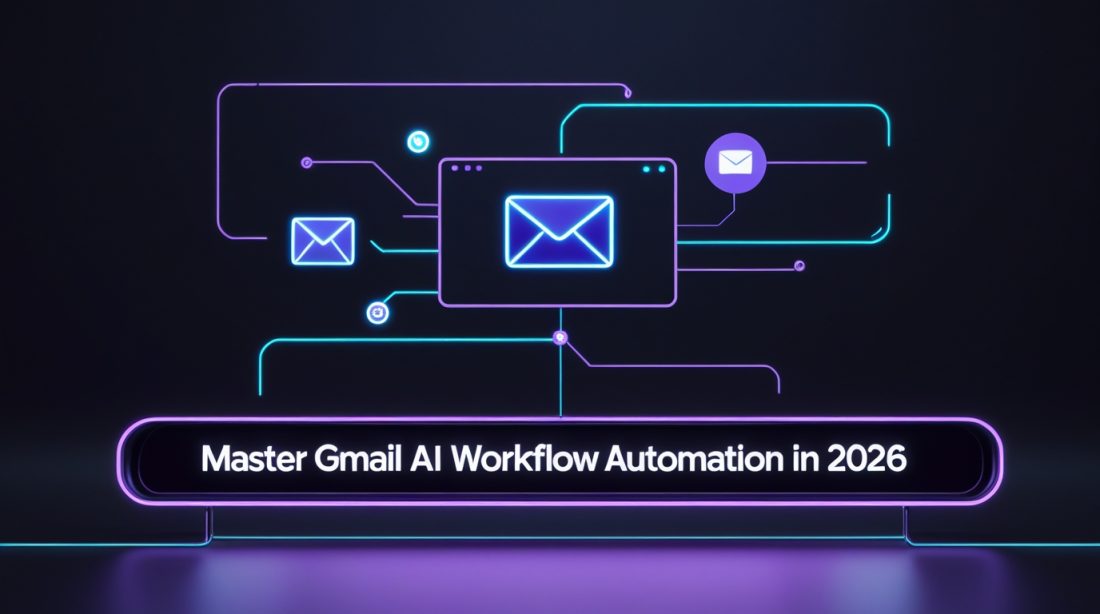 “Master Gmail AI workflow automation in 2026 illustrated in a dark futuristic cyberpunk style, showing an AI-powered email automation interface with glowing digital connections and modern artificial intelligence design.