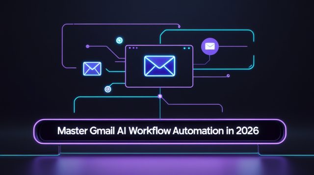 “Master Gmail AI workflow automation in 2026 illustrated in a dark futuristic cyberpunk style, showing an AI-powered email automation interface with glowing digital connections and modern artificial intelligence design.