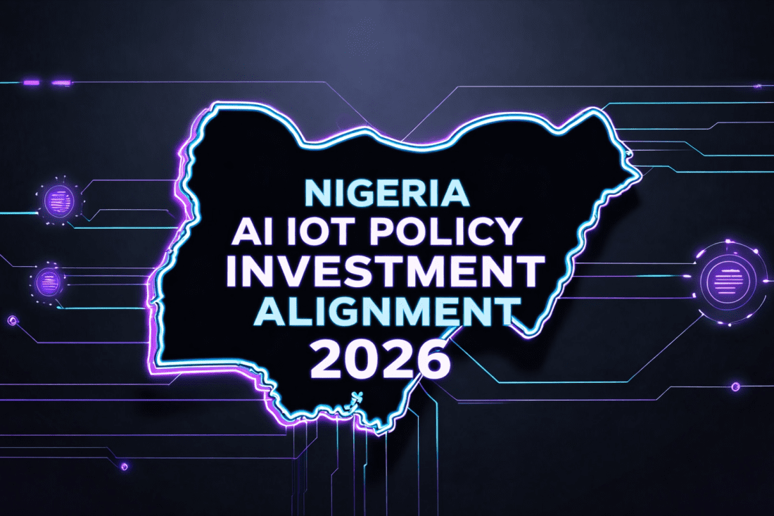 “Futuristic cyberpunk illustration showing Nigeria’s digital infrastructure with glowing text reading Nigeria AI IoT Policy Investment Alignment 2026, symbolizing alignment between artificial intelligence, IoT systems, and national technology investment strategy.”