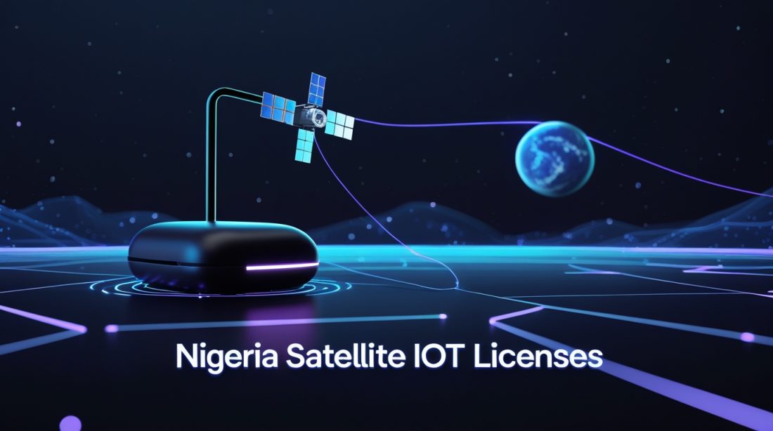“Dark futuristic illustration showing satellite-connected IoT infrastructure with glowing data links, featuring the text ‘Nigeria Satellite IoT Licenses’ to represent national satellite IoT regulation and connectivity.”