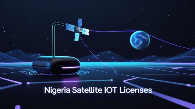 “Dark futuristic illustration showing satellite-connected IoT infrastructure with glowing data links, featuring the text ‘Nigeria Satellite IoT Licenses’ to represent national satellite IoT regulation and connectivity.”