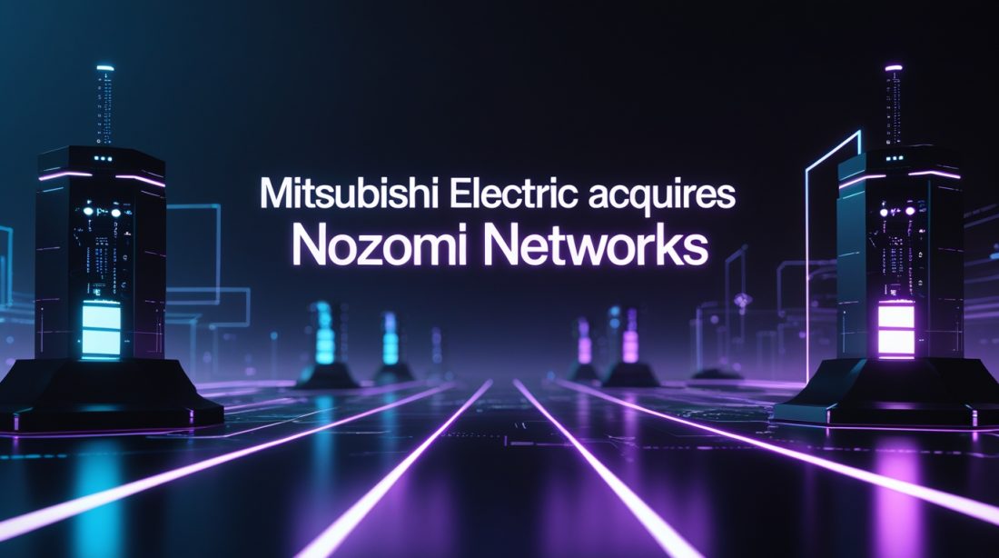 Dark futuristic cyberpunk illustration showing industrial AI systems and connected cybersecurity networks, representing OT Cybersecurity for AI-Driven Industrial Operations, with a neon headline highlighting Mitsubishi Electric’s acquisition of Nozomi Networks.