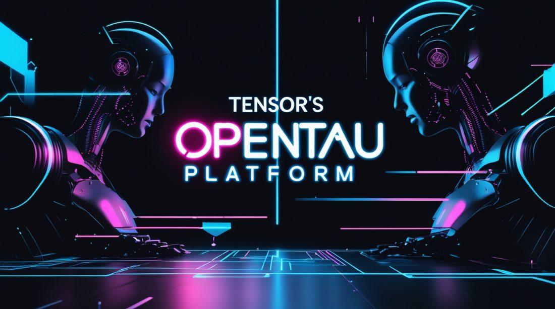 Dark cyberpunk illustration of Tensor’s OpenTau Platform, showing a futuristic AI and robotics system with neon blue and pink lighting, symbolizing advanced industrial AI infrastructure and autonomous intelligence.