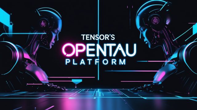 Dark cyberpunk illustration of Tensor’s OpenTau Platform, showing a futuristic AI and robotics system with neon blue and pink lighting, symbolizing advanced industrial AI infrastructure and autonomous intelligence.