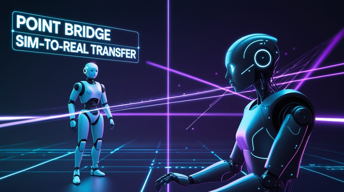 “Point Bridge sim-to-real transfer visualized as a futuristic cyberpunk scene, showing a robot transitioning from a digital simulation environment into the real world, connected by glowing data bridges and neon light pathways, representing simulation-to-reality transfer in robotics and industrial AI.”