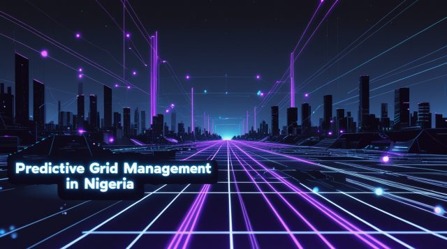 “Predictive Grid Management in Nigeria illustrated through a dark futuristic cyberpunk power grid, showing AI-driven data flows, smart energy nodes, and advanced grid optimization technology in an industrial AI context.”