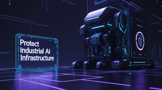 “Protect Industrial AI Infrastructure illustrated in a dark futuristic cyberpunk scene, showing secure industrial AI systems and robotics shielded by glowing digital protection layers.”