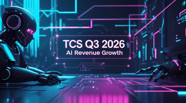 “Dark futuristic cyberpunk illustration showing enterprise AI growth, with glowing neon text reading ‘TCS Q3 2026 AI Revenue Growth’, abstract AI circuits and holographic data lines representing industrial AI revenue expansion.”