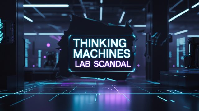 “Thinking Machines Lab scandal visual showing a dark futuristic AI lab with glowing holographic text, symbolizing internal disruption and controversy in advanced artificial intelligence research.”