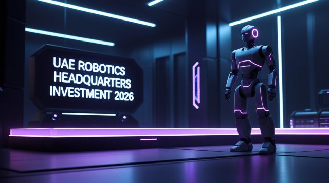 “UAE Robotics Headquarters Investment 2026 concept image showing a futuristic robotics headquarters with advanced robots in a dark cyberpunk environment, representing national investment in next-generation robotics and AI infrastructure.”