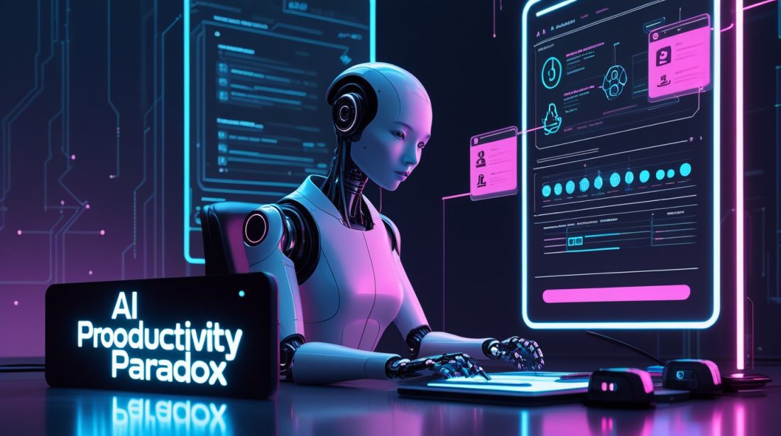 “AI Productivity Paradox illustration showing a futuristic robot working at a holographic workstation with neon cyberpunk lighting, representing how artificial intelligence boosts efficiency while creating new productivity challenges.”