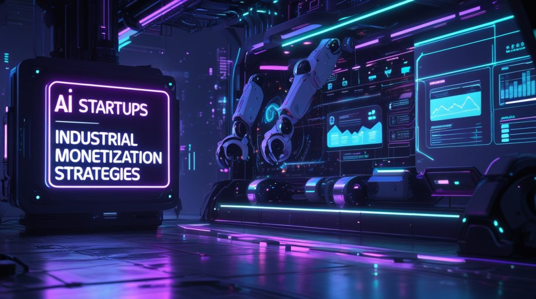 “AI startups industrial monetization strategies illustrated in a dark futuristic cyberpunk scene with neon text, industrial robotics, data dashboards, and holographic business analytics overlays.”