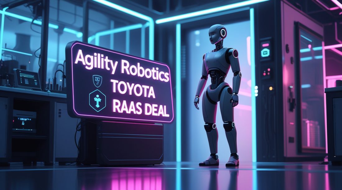 “Agility Robotics Toyota RaaS deal visualized in a dark futuristic cyberpunk robotics lab, with a humanoid robot under neon lighting and the text ‘Agility Robotics Toyota RaaS deal’ glowing in the foreground, representing robotics-as-a-service partnership in industrial automation.”