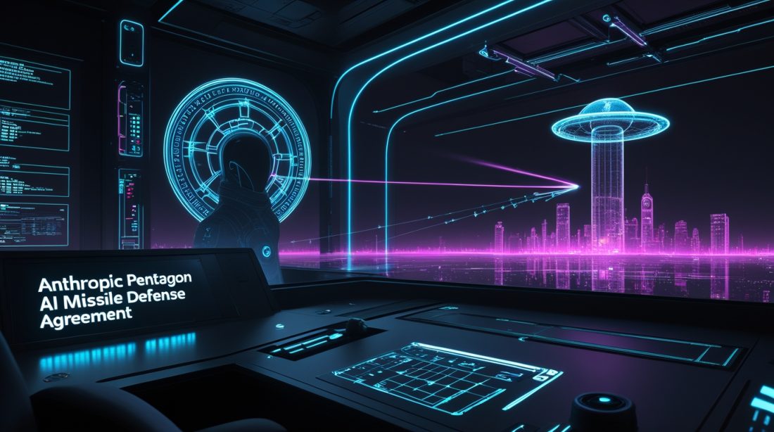 Futuristic cyberpunk illustration showing a neon headline reading “Anthropic Pentagon AI missile defense agreement” inside a high-tech AI command center, with holographic missile interception grids and a glowing digital defense shield protecting a city skyline in dark blue and magenta tones.