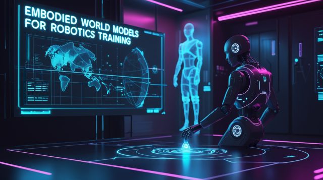 “Embodied world models for robotics training illustrated in a dark futuristic cyberpunk scene with a humanoid robot interacting with a simulated environment, neon holographic data overlays, and a glowing sign reading ‘Embodied World Models for Robotics Training’.”