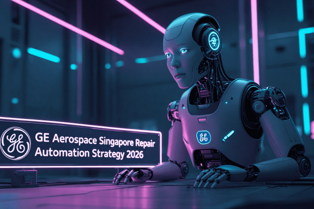 “Futuristic cyberpunk illustration showing an advanced aerospace repair robot with neon lighting and a glowing sign reading ‘GE Aerospace Singapore Repair Automation Strategy 2026,’ representing automated repair strategy and industrial AI robotics in aerospace maintenance.”