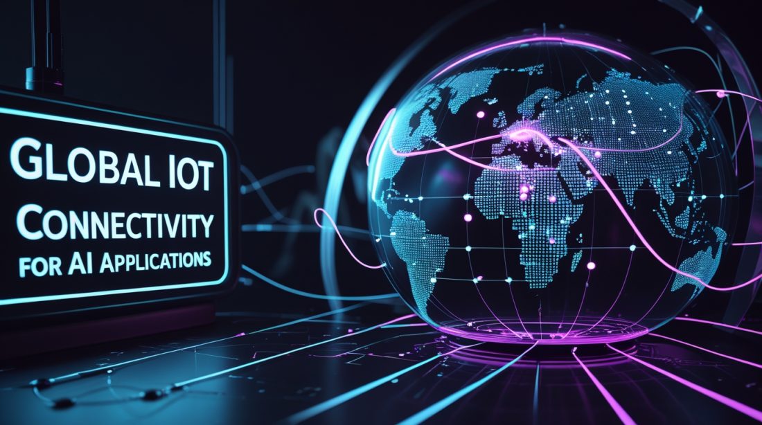 “Global IoT Connectivity for AI Applications” displayed in glowing neon text over a dark cyberpunk scene, featuring a luminous digital globe connected by blue and magenta data lines to multiple IoT nodes, with a central AI core symbolizing global IoT connectivity for AI applications.