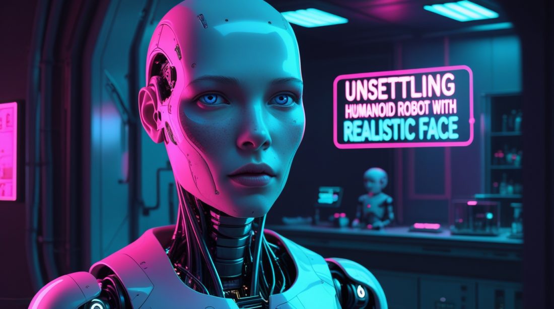 “Unsettling humanoid robot with realistic face in a dark cyberpunk futuristic lab, neon lighting, glowing circuitry under synthetic skin, AI robotics illustration.”