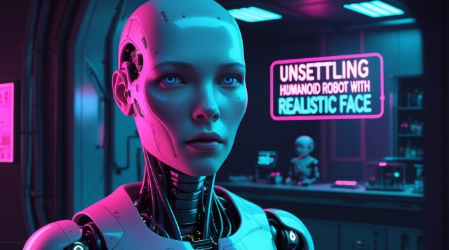 “Unsettling humanoid robot with realistic face in a dark cyberpunk futuristic lab, neon lighting, glowing circuitry under synthetic skin, AI robotics illustration.”