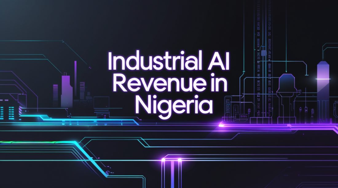 “Industrial AI revenue in Nigeria illustrated in a dark futuristic cyberpunk style, showing AI data streams, industrial infrastructure, and digital analytics representing economic growth and artificial intelligence adoption.”