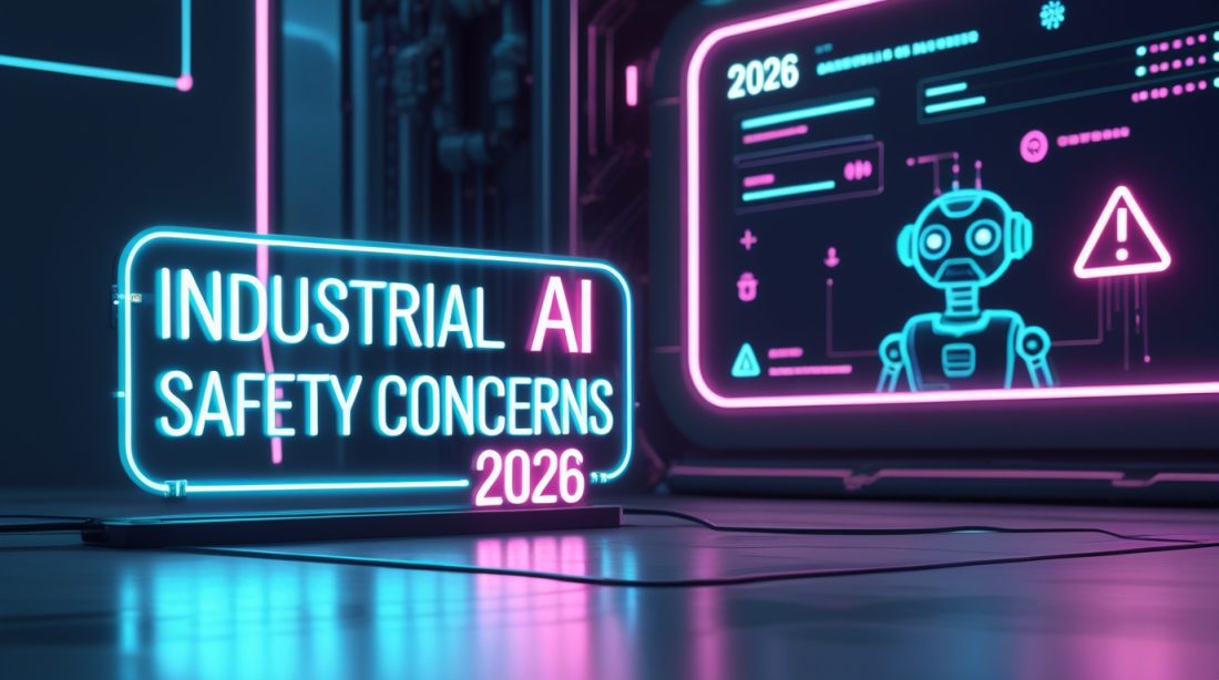 “Industrial AI Safety Concerns 2026 shown in a dark futuristic cyberpunk scene with neon text, an AI-controlled industrial system, and subtle warning holograms highlighting risks in industrial artificial intelligence.”