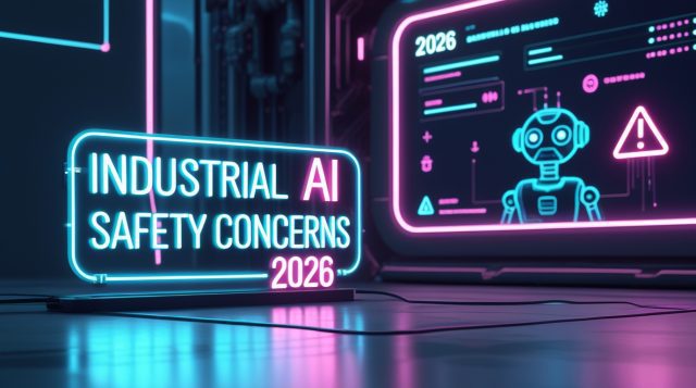 “Industrial AI Safety Concerns 2026 shown in a dark futuristic cyberpunk scene with neon text, an AI-controlled industrial system, and subtle warning holograms highlighting risks in industrial artificial intelligence.”