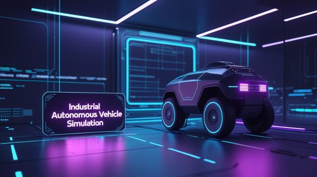 Industrial autonomous vehicle simulation shown in a dark futuristic environment, featuring an AI-driven industrial vehicle operating inside a digital simulation with neon cyberpunk lighting and holographic grid overlays.