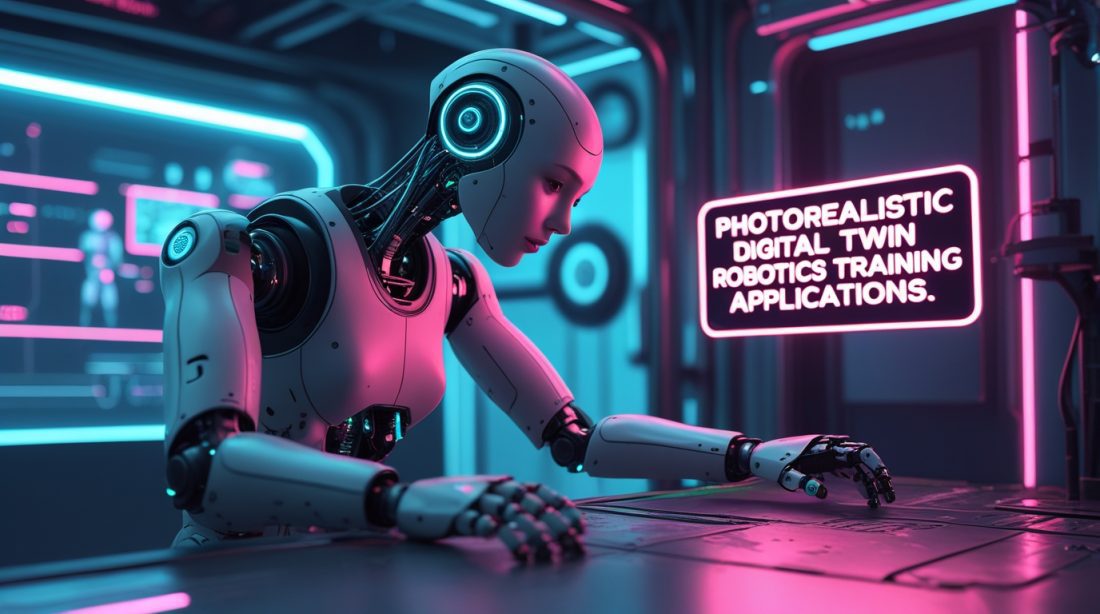 Photorealistic Digital Twin Robotics Training Applications – dark futuristic scene with a sleek flexible robot performing self-repair and AI training tasks, neon holograms and digital overlays highlighting advanced robotics in a cyberpunk industrial environment.
