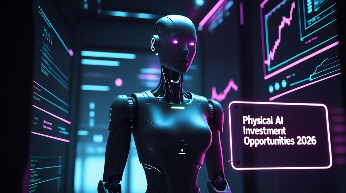 Physical AI Investment Opportunities 2026 displayed in glowing neon text within a dark cyberpunk scene, featuring a futuristic humanoid industrial robot surrounded by subtle holographic financial charts and AI interface lines in blue and magenta lighting.