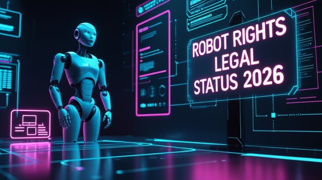 “Robot Rights Legal Status 2026 concept image showing a futuristic humanoid robot under neon cyberpunk lighting with digital legal interface overlays and AI governance symbols.”