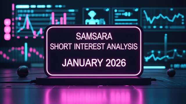 “Samsara short interest analysis January 2026 shown in a dark futuristic cyberpunk illustration with neon financial data overlays, AI analytics visuals, and glowing text highlighting market sentiment and short interest trends.”