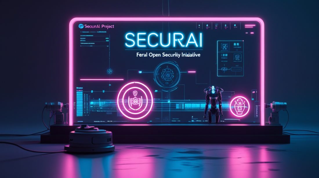 “Dark futuristic cyberpunk illustration featuring neon-lit AI security visuals and a glowing sign reading ‘SecurAI Project Feral Open Security Initiative,’ representing an open-source AI security project in a high-tech digital environment.”