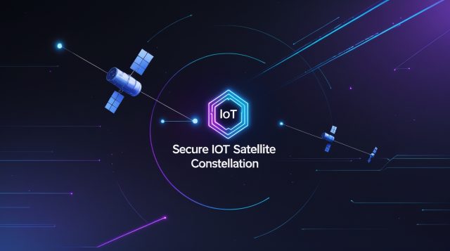 “Secure IoT satellite constellation illustrated in a dark cyberpunk style, showing encrypted satellite networks connected by glowing signals, representing secure IoT connectivity, satellite communication, and industrial cybersecurity in advanced digital infrastructure.”