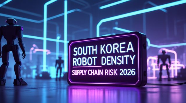“Dark futuristic cyberpunk illustration showing South Korea robot density and supply chain risk in 2026, with neon-lit robotics and factory automation visuals representing industrial AI and manufacturing vulnerability.”