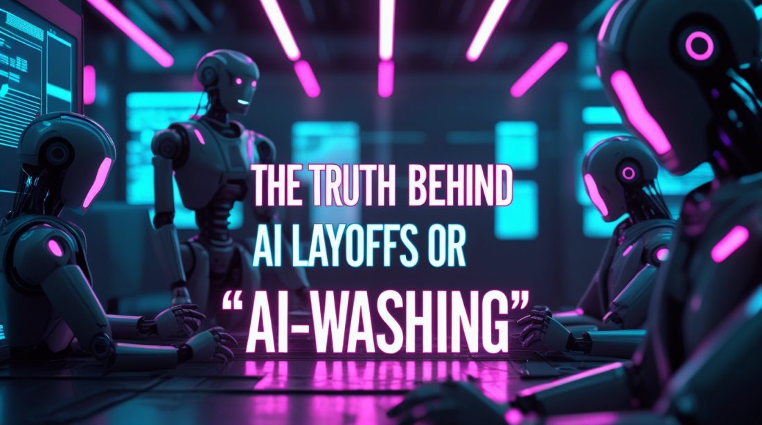 “Cyberpunk-style digital illustration showing the impact of AI layoffs and ‘AI-washing’, with glowing neon text reading ‘The Truth Behind AI Layoffs or "AI-Washing"’, dark futuristic background, abstract robotic figures, and digital disruption visuals.”