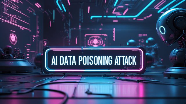 “Futuristic cyberpunk illustration showing an AI data poisoning attack, with corrupted data streams and disrupted neural network visuals in neon blue and pink.”