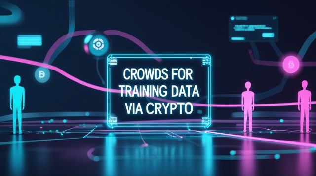 “Crowds for Training Data Via Crypto shown in a dark futuristic cyberpunk scene with glowing networked human silhouettes, blockchain-style data flow lines, and AI interface overlays in neon blue and pink lighting.”