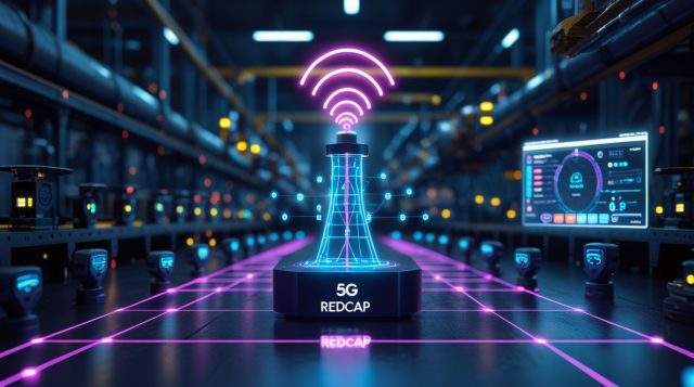 5G RedCap for industrial IoT deployments 2026 — factory floor sensors and asset trackers wirelessly connected to 5G RedCap network tower