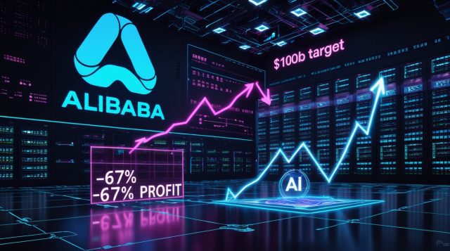 Alibaba's AI cloud revenue target for 2026 — data center with falling profit chart and rising $100B AI revenue projection overlaid