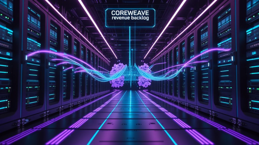 Analytical digital twin of CoreWeave's 2026 server infrastructure, visualizing the CoreWeave Revenue Backlog Infrastructure Asset Class through NVIDIA Vera Rubin clusters and securitized cash flow holograms.