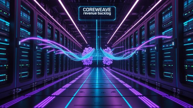 Analytical digital twin of CoreWeave's 2026 server infrastructure, visualizing the CoreWeave Revenue Backlog Infrastructure Asset Class through NVIDIA Vera Rubin clusters and securitized cash flow holograms.