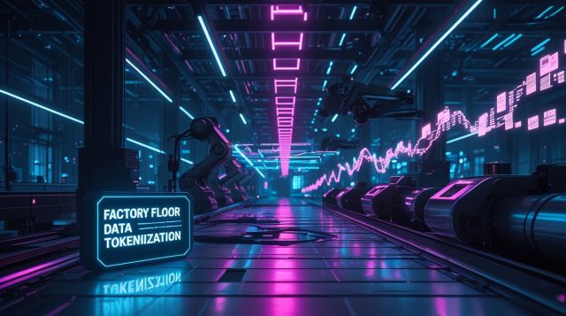 Dark cyberpunk factory scene with neon blue and magenta lighting, featuring the glowing text “Factory Floor Data Tokenization” in the foreground. Industrial robotic arms operate in the background while digital data streams transform into illuminated tokens, with subtle holographic overlays representing encrypted industrial data.
