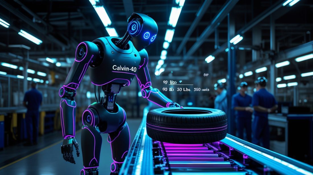headless robot factory deployment 2026 — Renault Calvin-40 bipedal headless robot lifting tire component on EV production line at Douai factory
