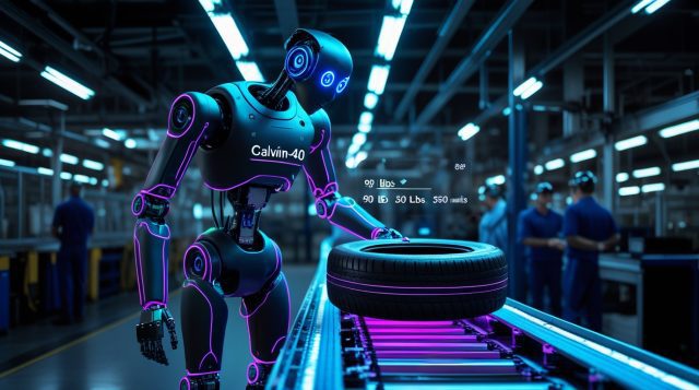 headless robot factory deployment 2026 — Renault Calvin-40 bipedal headless robot lifting tire component on EV production line at Douai factory