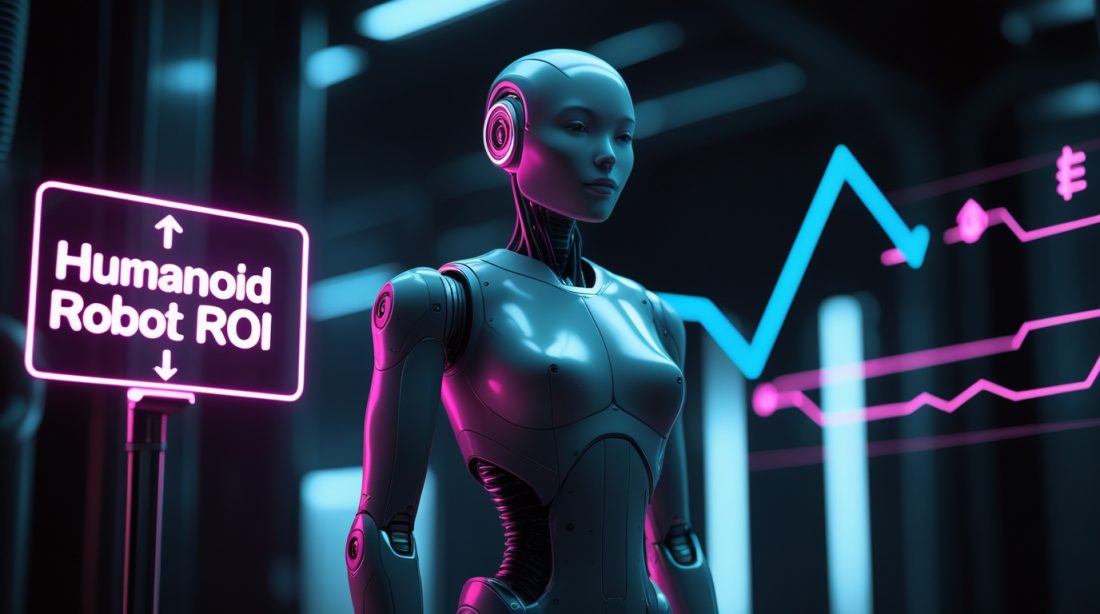 Humanoid Robot ROI displayed in glowing neon text inside a dark cyberpunk industrial scene, featuring a sleek humanoid robot standing confidently with subtle holographic financial indicators symbolizing return on investment in advanced robotics.